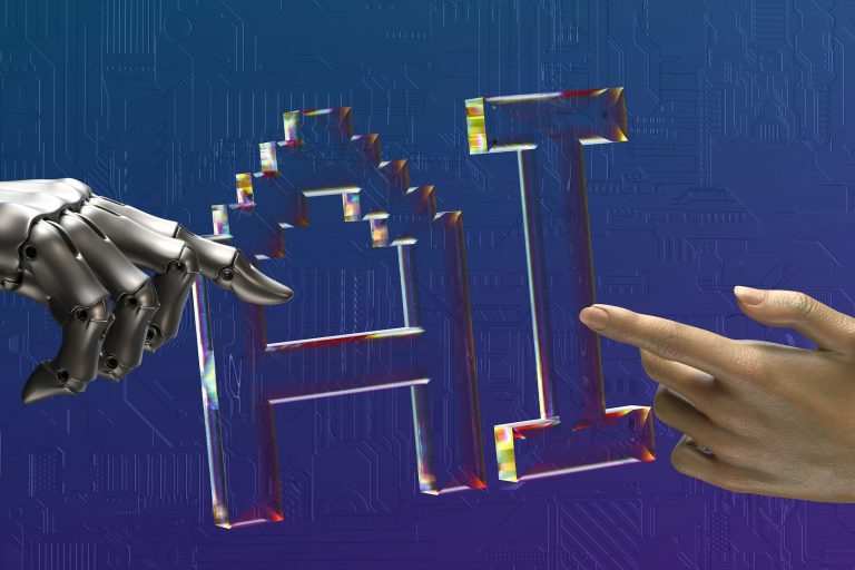Robotic hand forming AI letters, representing AI agents for compliance